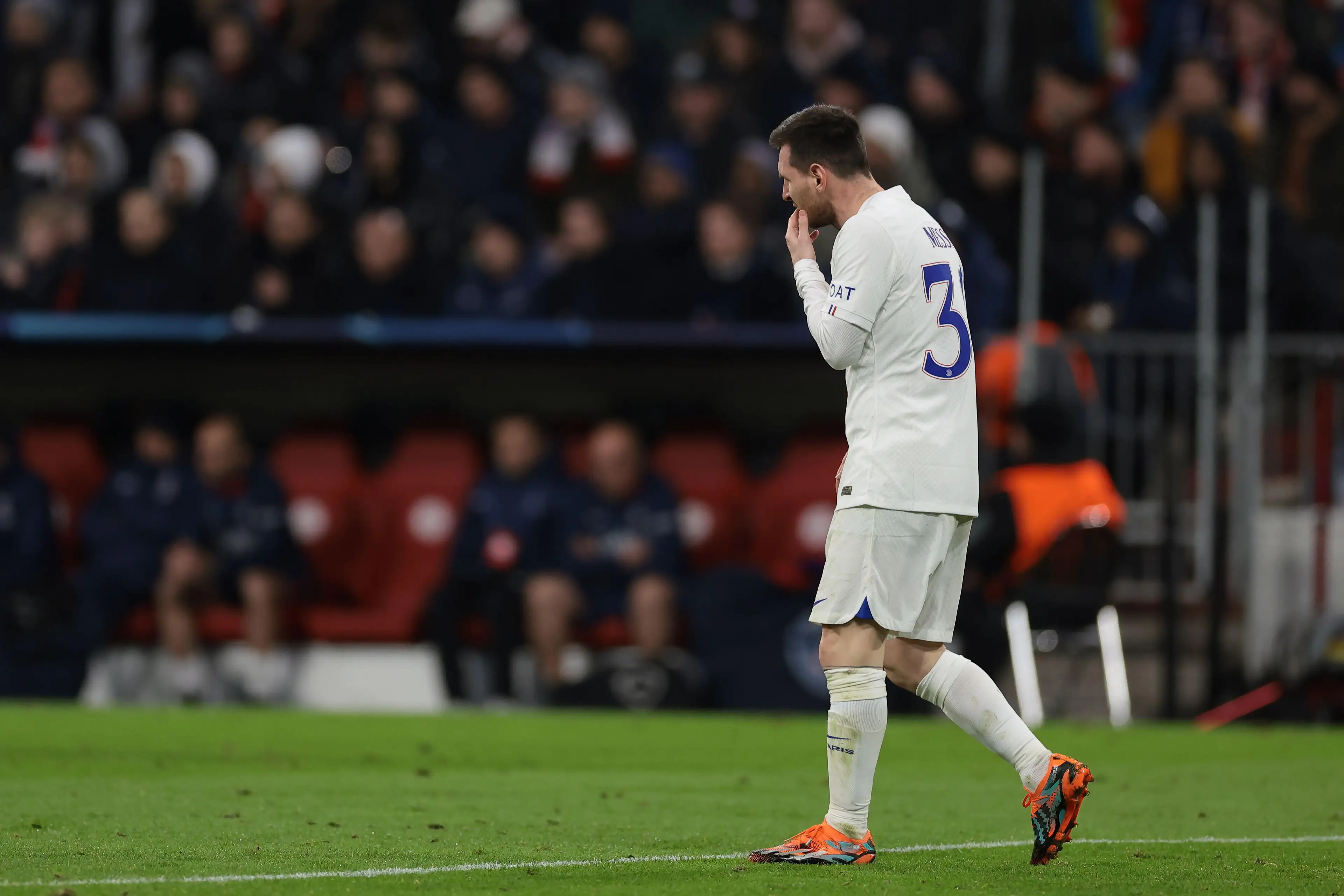 Lionel Messi cuts a dejected figure against Bayern Munich. Image: Alamy 