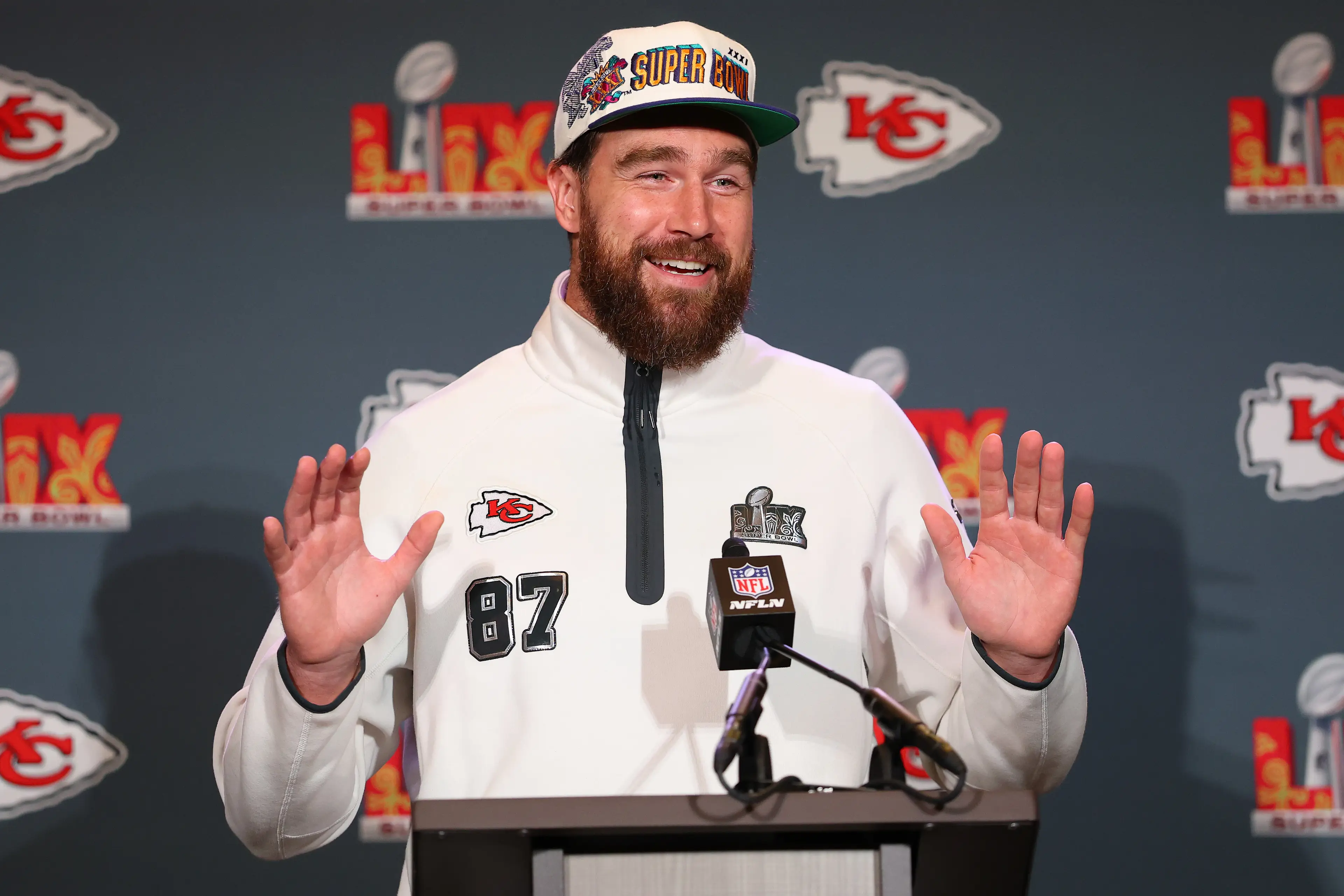 Travis Kelce was asked about proposing to Taylor Swift during a press conference ahead of the Super Bowl. Image: Getty 