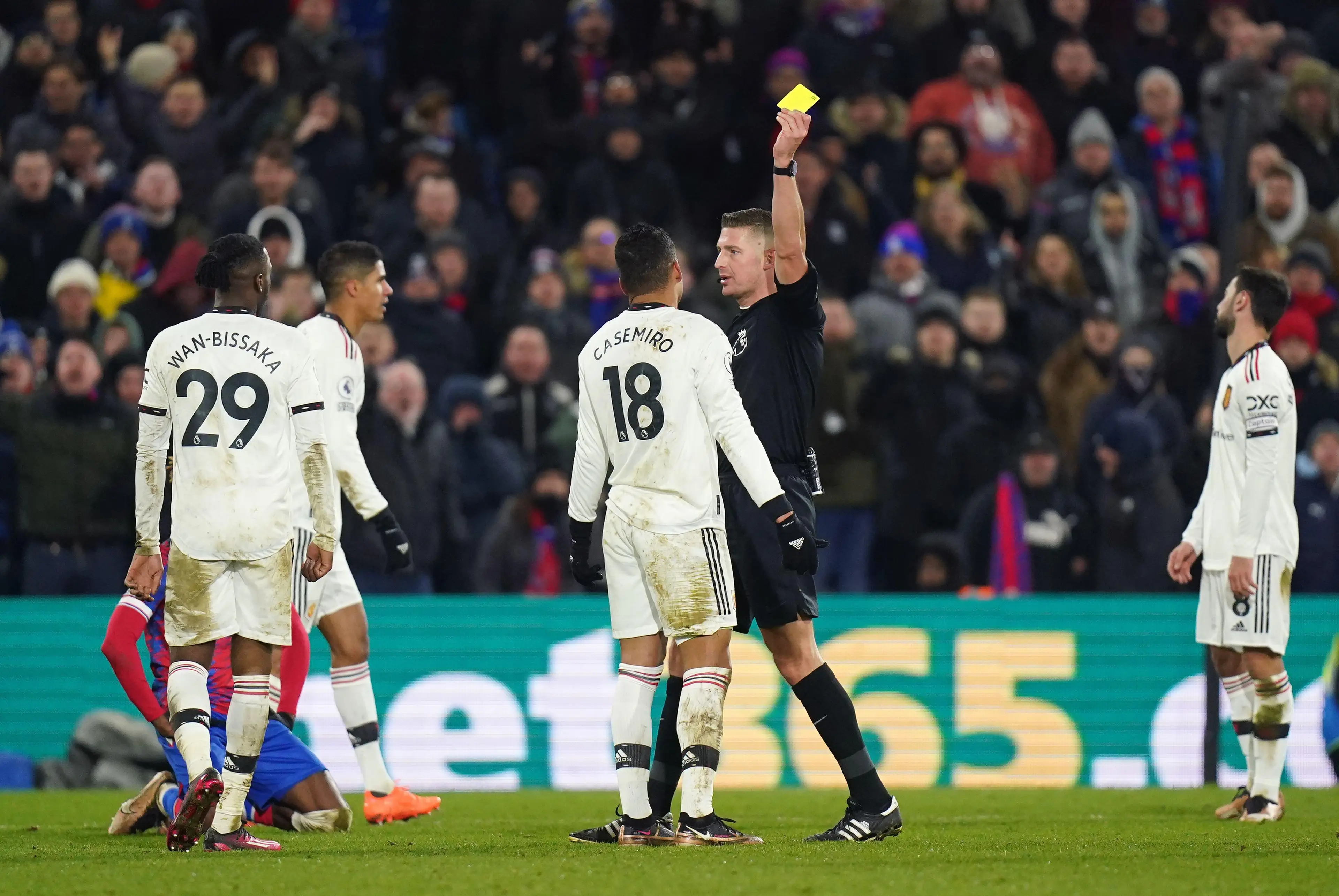 Casemiro gets booked against Crystal Palace. Image: Alamy