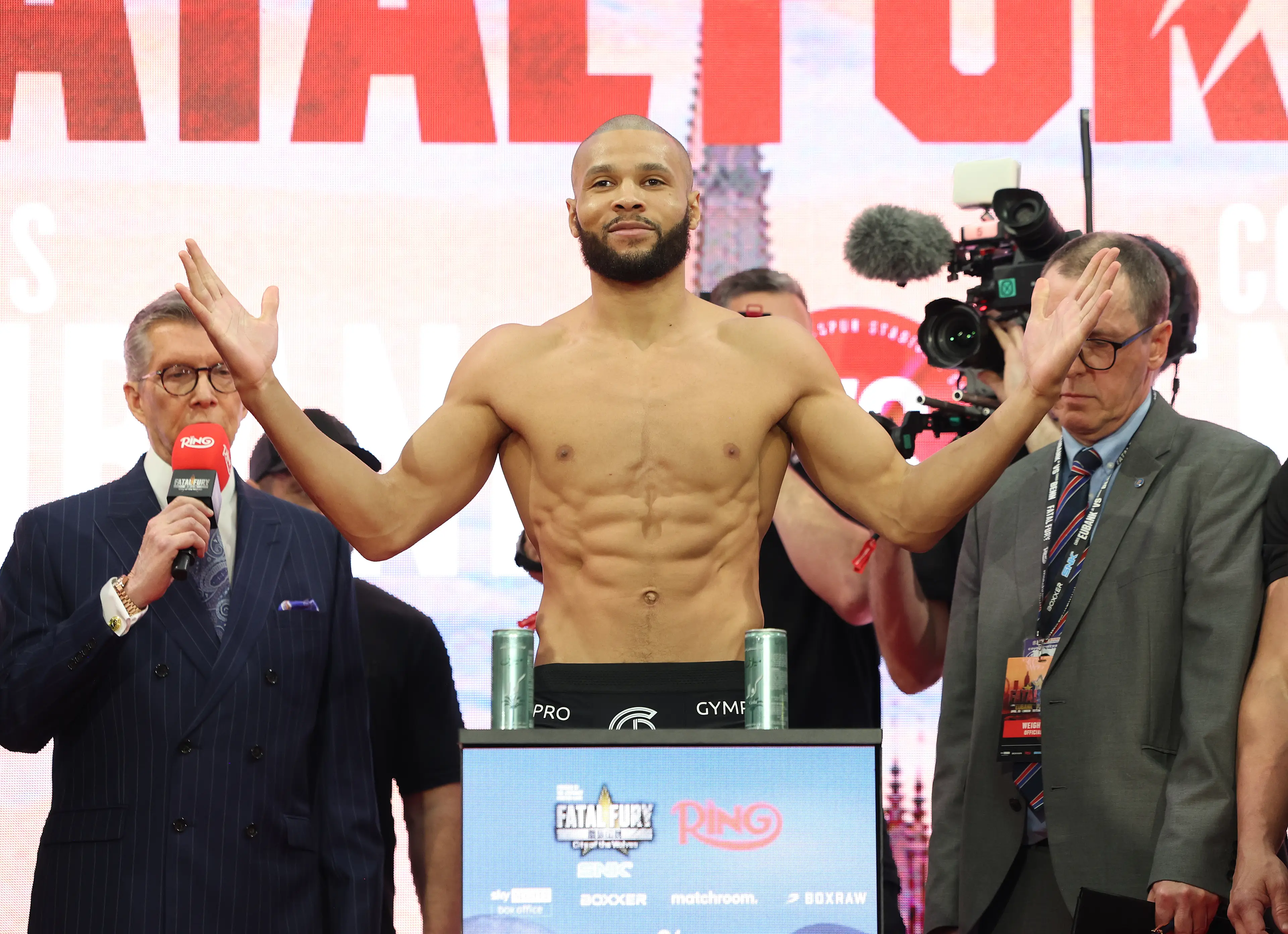Chris Eubank Jr. weighs in at the ceremonial weigh-ins. Image: Getty 