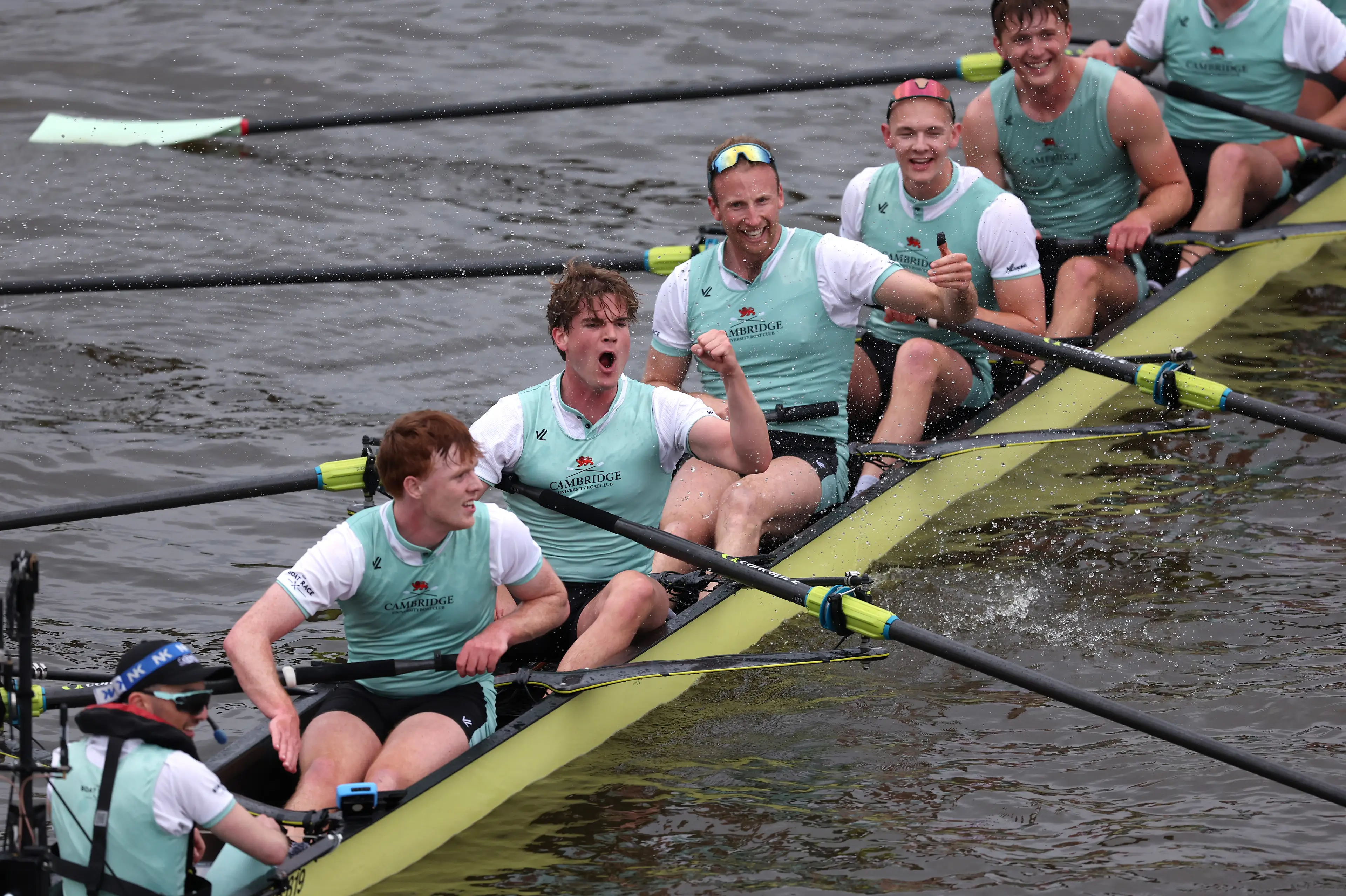 Cambridge's Ollie Boyne (cox), Douwe de Graaf (stroke), Simon Hatcher, James Robson, George Bourne, Gabriel Mahler, Luke Beever, Noam Mouelle and Luca Ferraro (bow) celebrate victory in 2025. Image credit: Getty