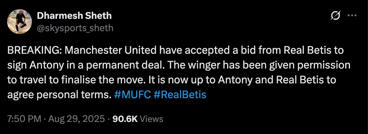 Man Utd have accepted a transfer offer for Antony (Image: Twitter/Dharmesh Sheth)