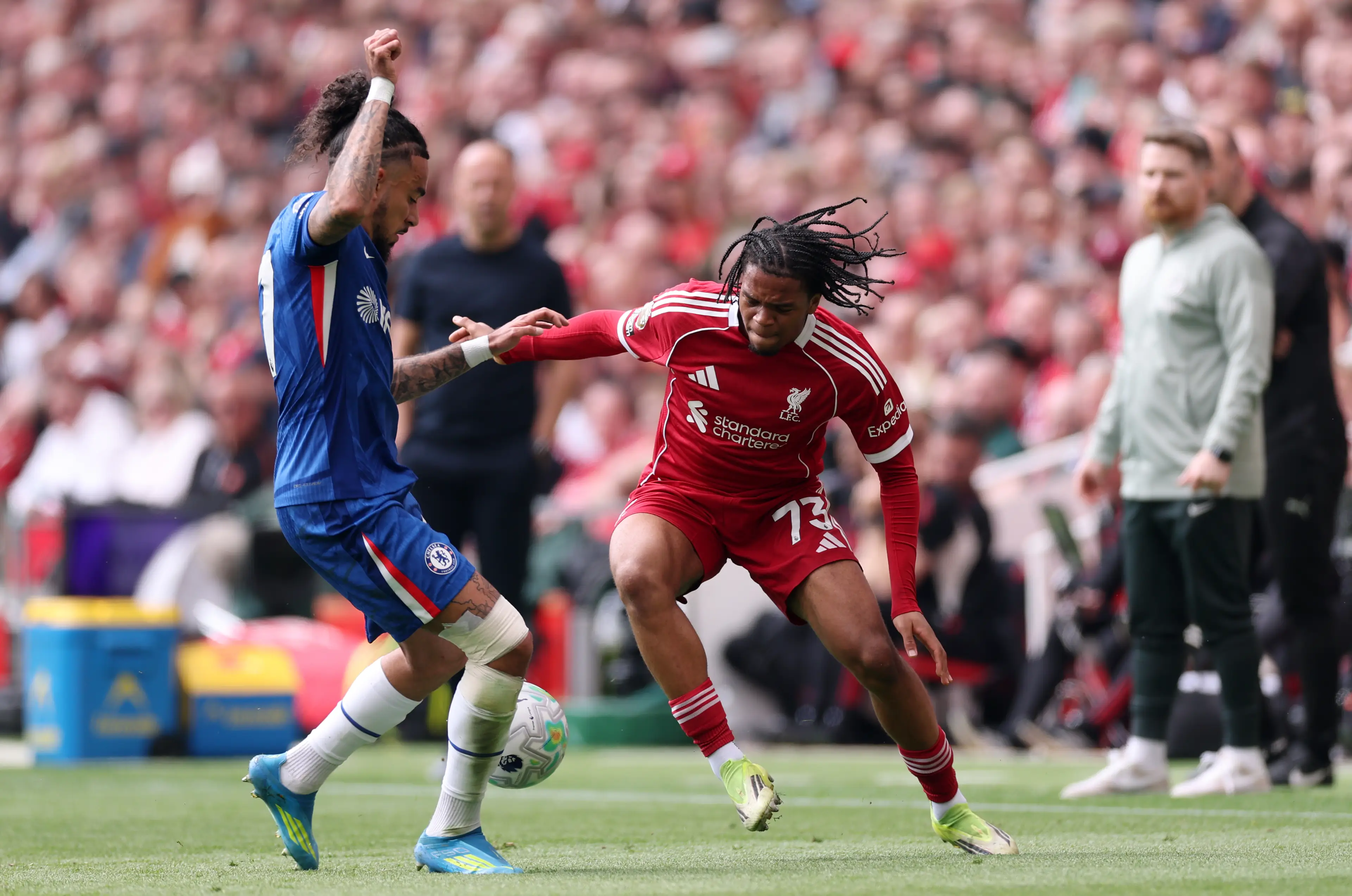 Rio Ngumoha of Liverpool is challenged by Malo Gusto of Chelsea during the Premier League match between Liverpool and Chelsea (Getty Images)