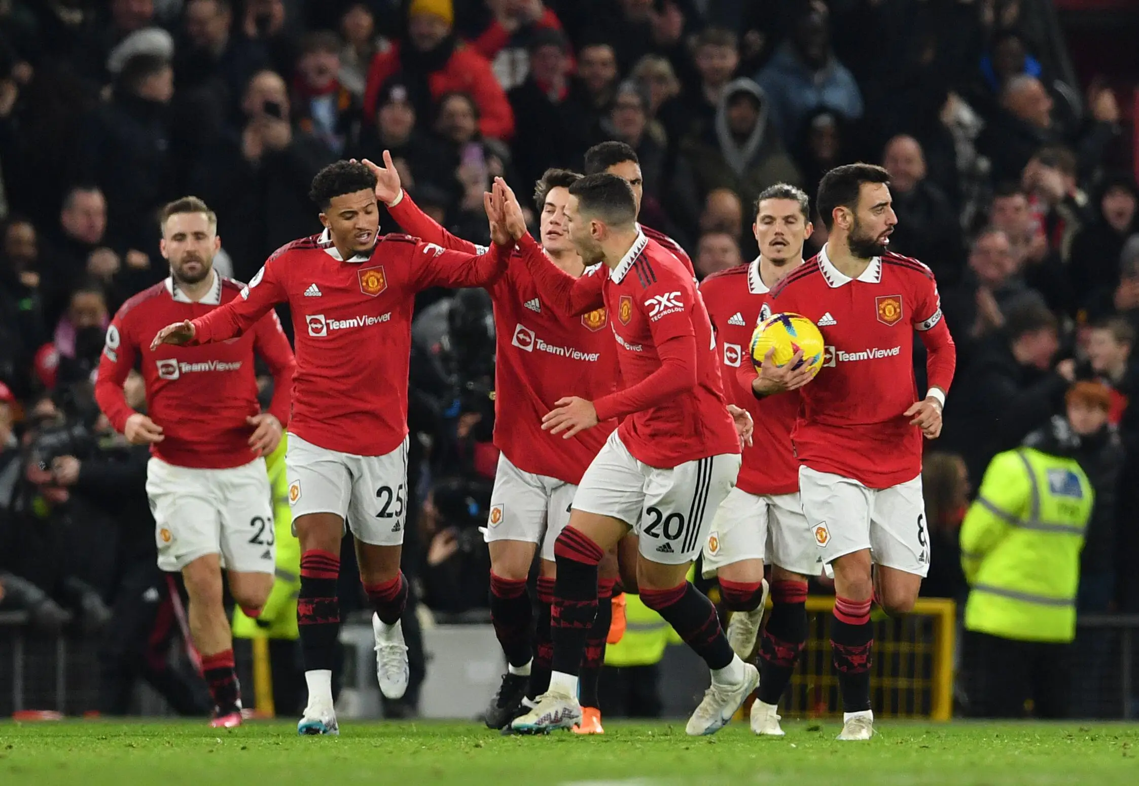 Jadon Sancho celebrates after scoring for Manchester United. Image: Alamy 