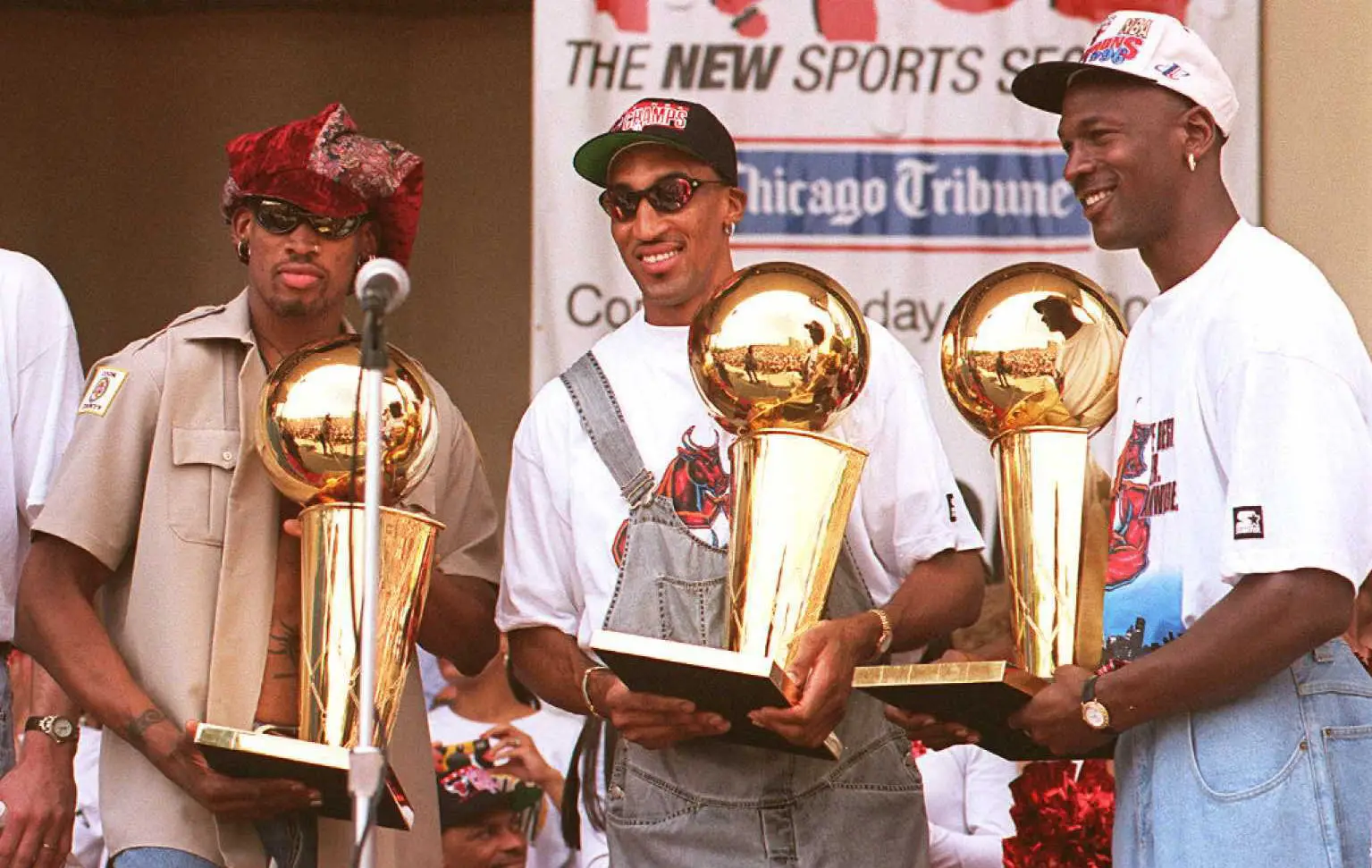 Michael Jordan, Scottie Pippen and Dennis Rodman of the Chicago Bulls