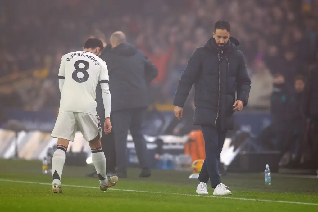 Ruben Amorim ignores Bruno Fernandes after his red card against Wolves (Image: Getty)