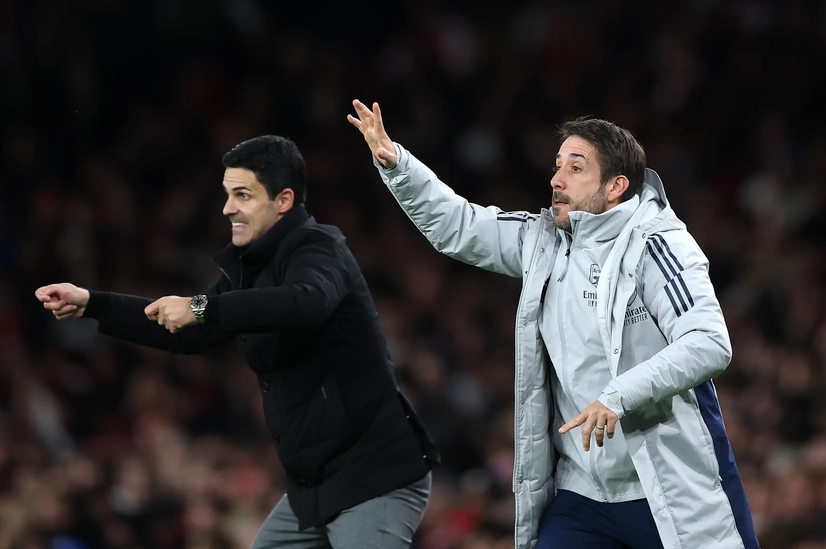 Arsenal's set-piece coach, Nicolas Jover, with Mikel Arteta on the touchline. Image: Getty
