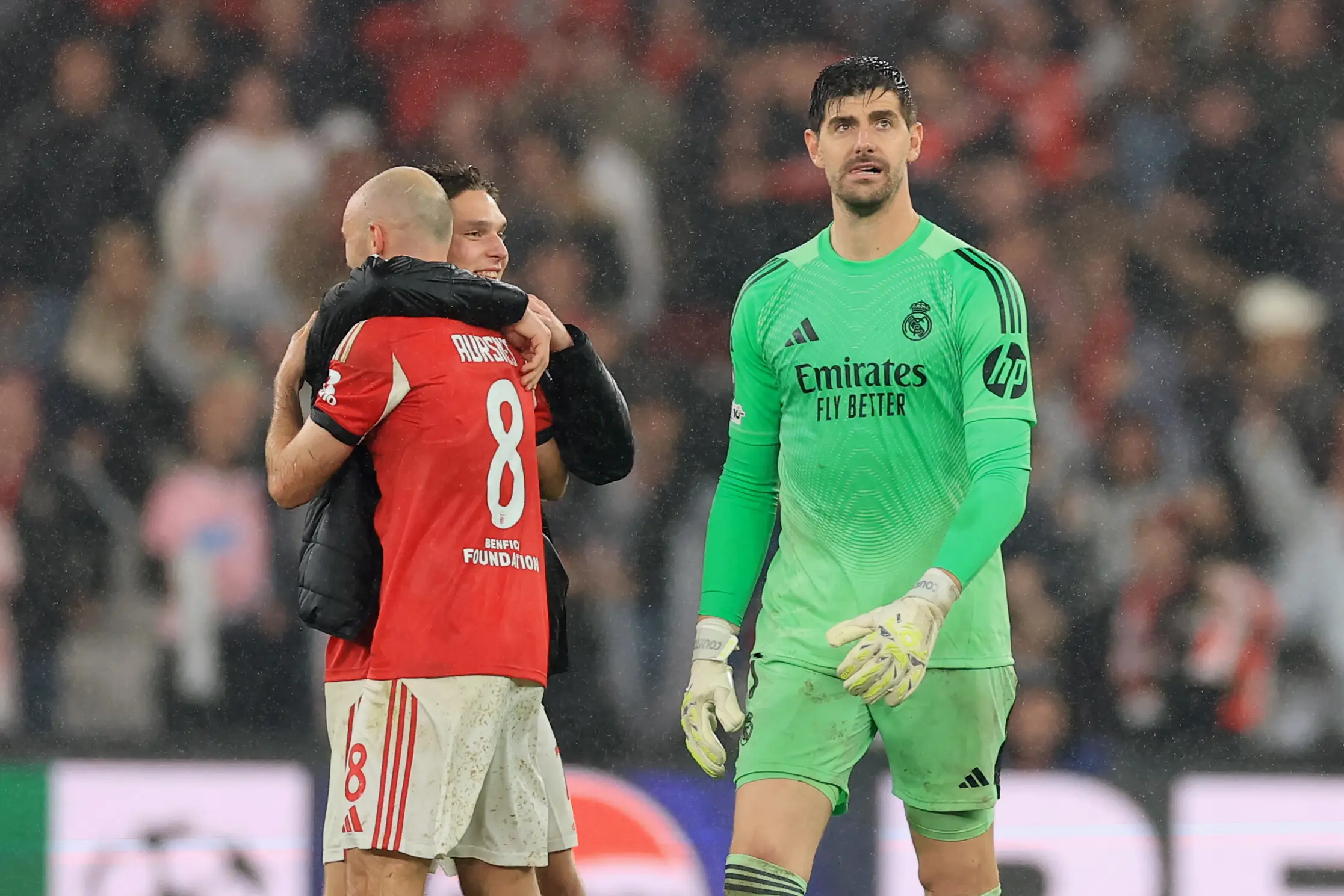Thibaut Courtois cuts a dejected figure after Real Madrid's defeat to Benfica in the Champions League. Image: Getty 