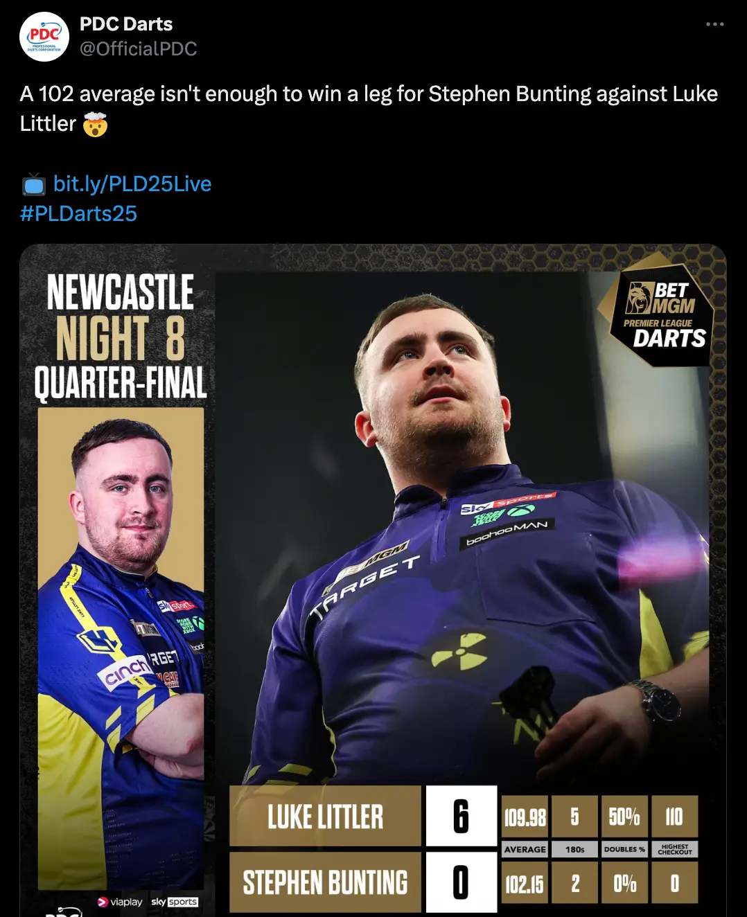 Littler beat Bunting 6-0 in Newcastle (Image: PDC/Twitter)