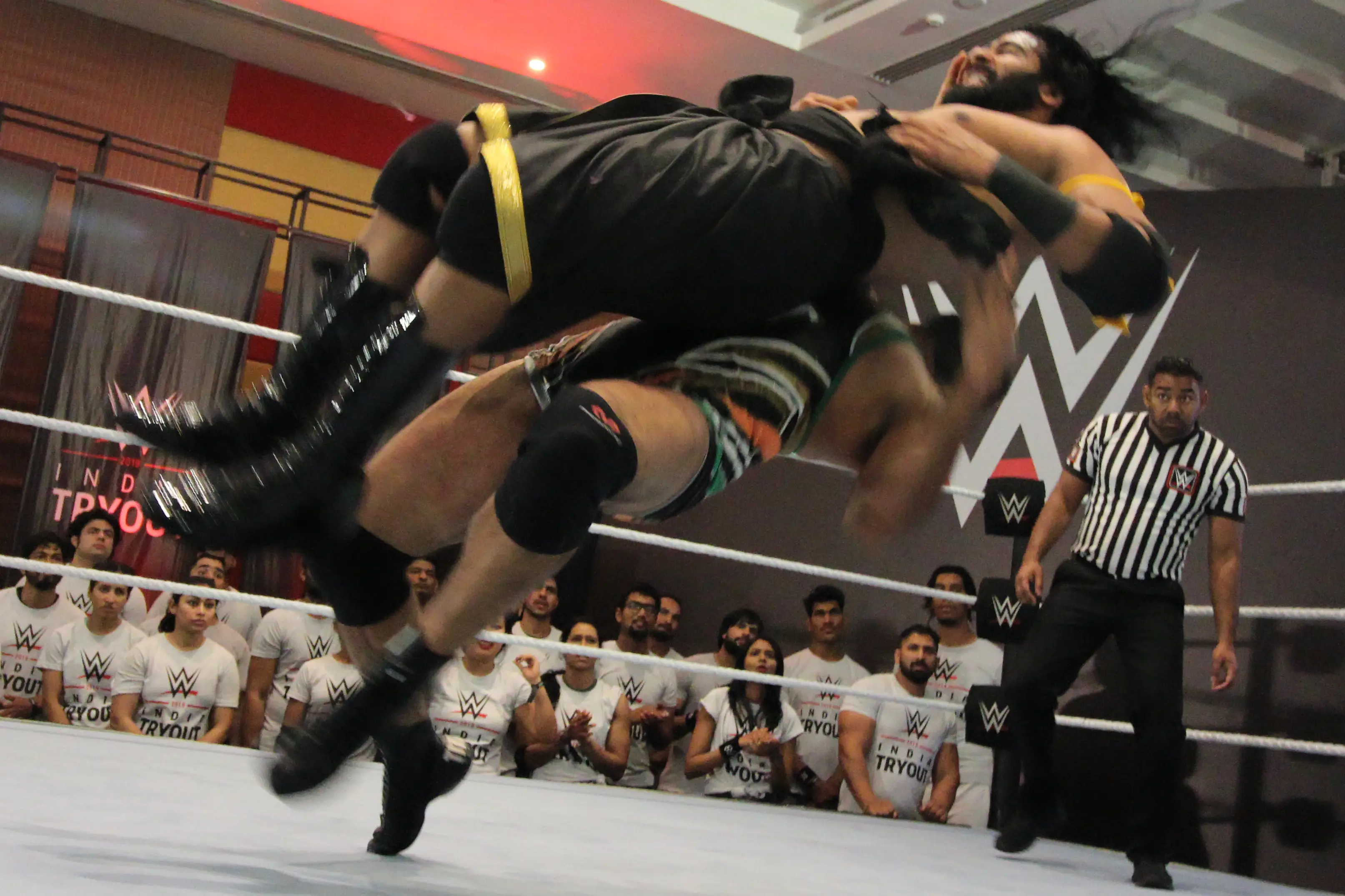 Jeet Rama in action against Rinku Singh during a match of WWE (World Wrestling Entertainment) try-outs held in Mumbai, India on 05 March 2019. (Getty Images)