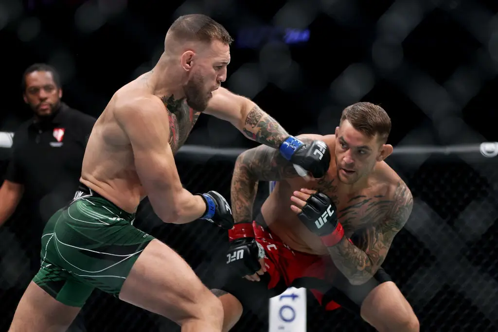Dustin Poirier defeated Conor McGregor via 1st round TKO in July 2021. (Image: Getty)