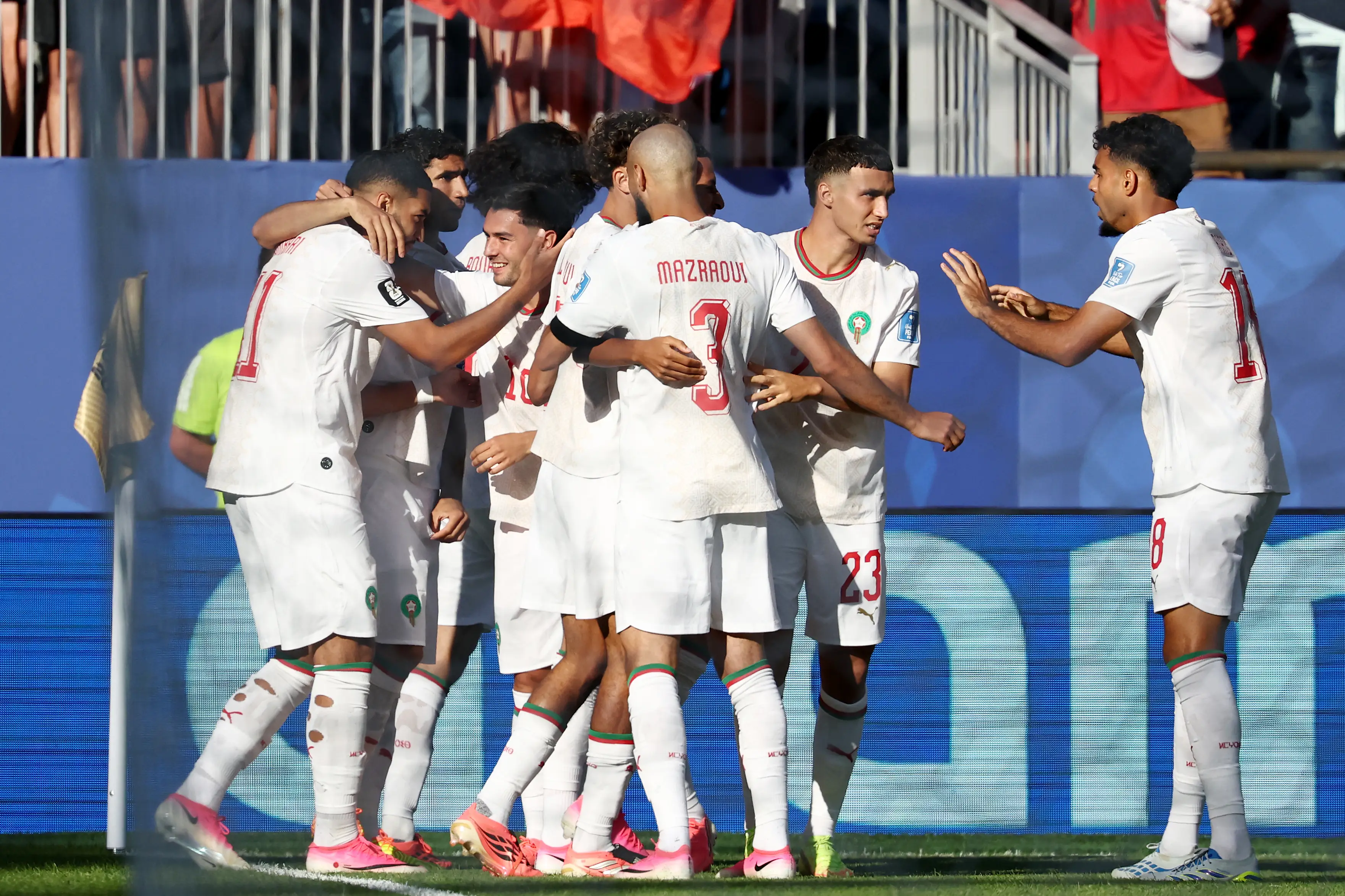 Morocco players celebrate after scoring their first goal during the 2026 World Cup Group C football match between Scotland and Morocco (Getty Images)
