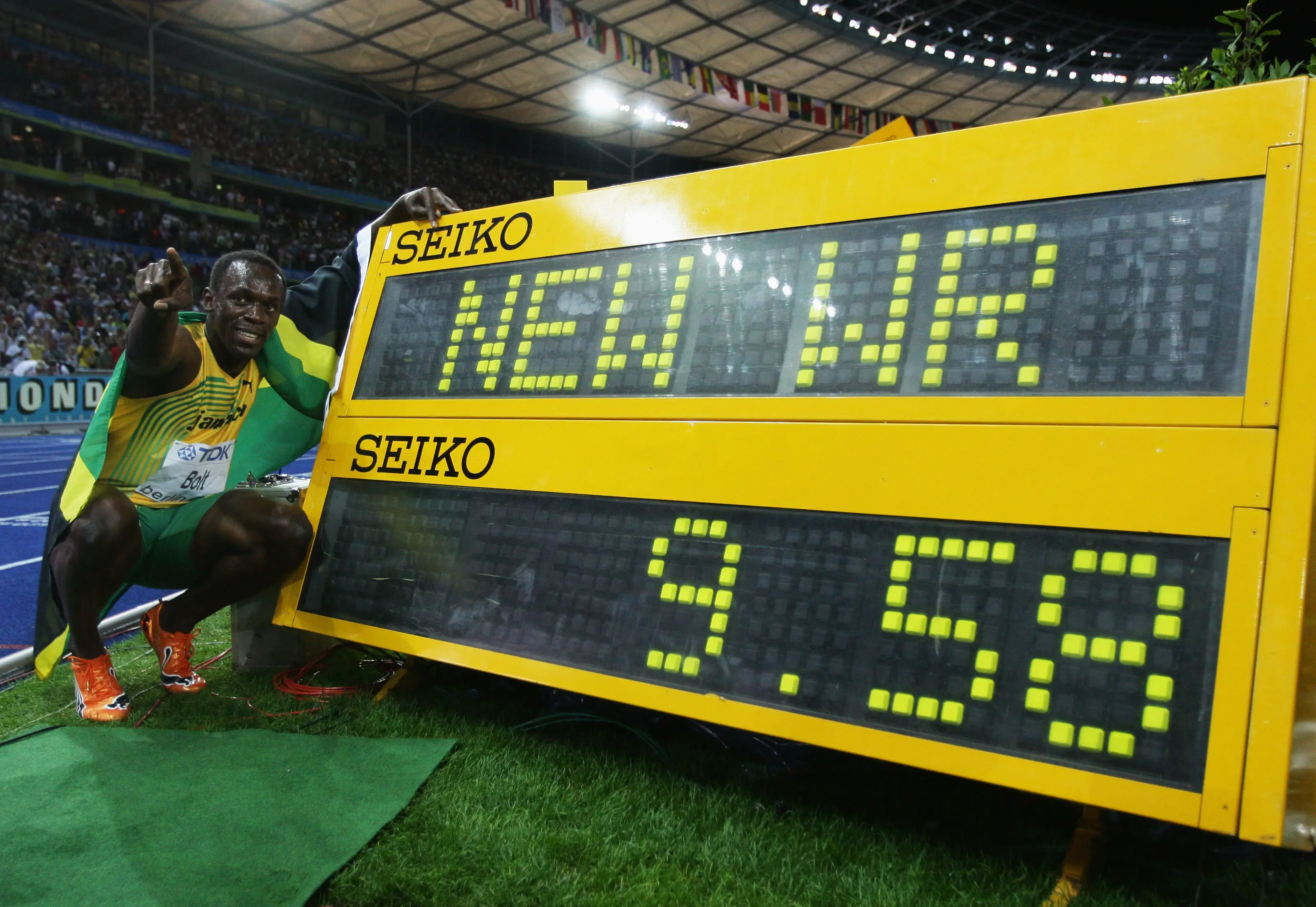 Usain Bolt clocked 9.58 seconds in the 100m at the 2009 World Athletics Championships. Image: Getty 