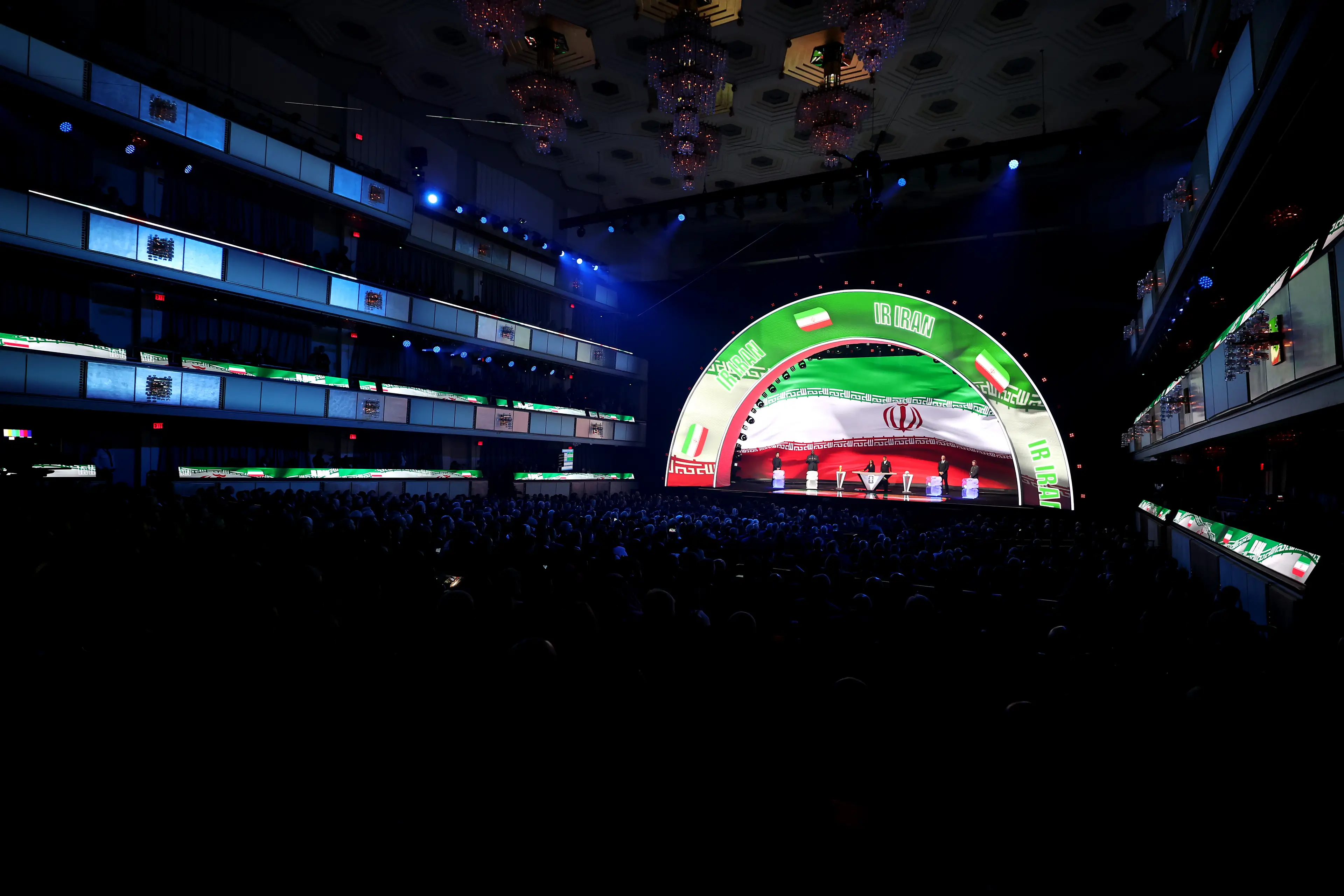 Iran's flag is displayed on a screen during the World Cup draw. Image credit: Getty