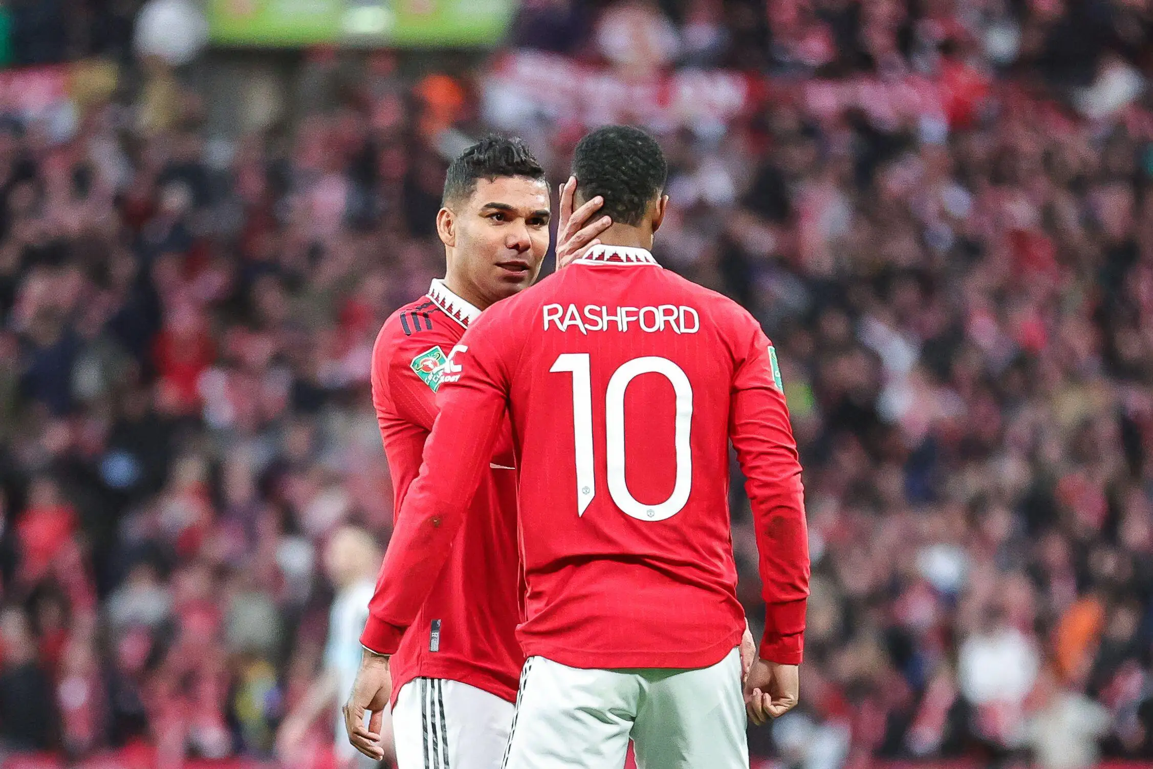 Marcus Rashford and Casemiro celebrate against Newcastle United. Image: Alamy 