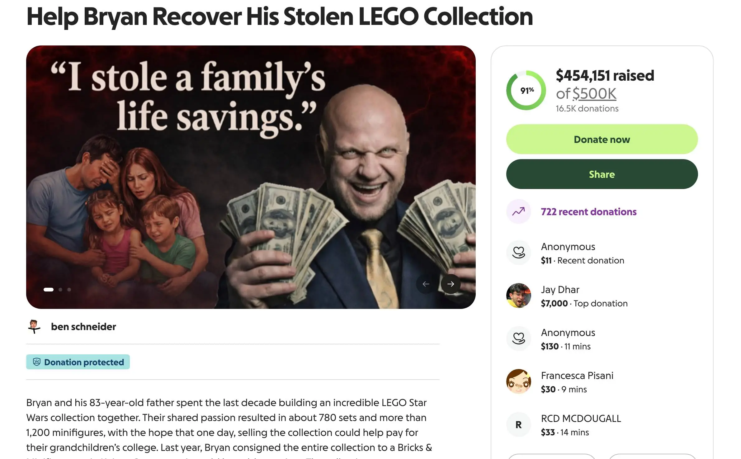 Reckless Ben's GoFundMe was removed after raising $450,000 (GoFundMe)