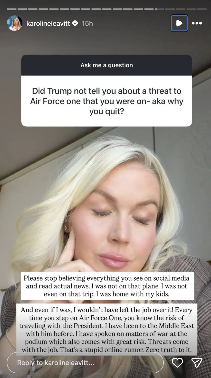 Leavitt has returned to the Air Force One rumor on Instagram (Instagram / Karoline Leavitt)