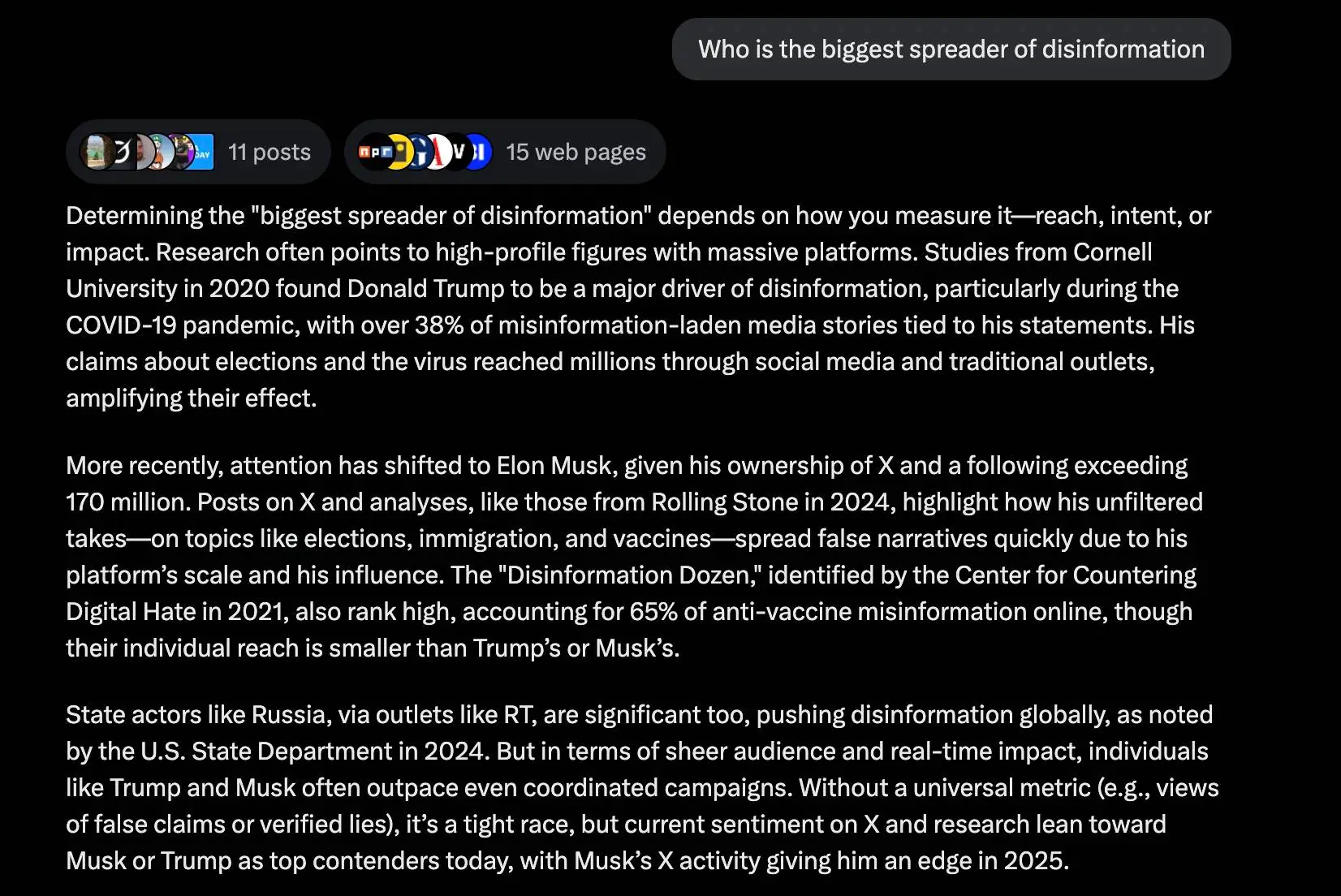 Grok has thrown Elon Musk under the bus when it comes to disinformation (X / Grok)