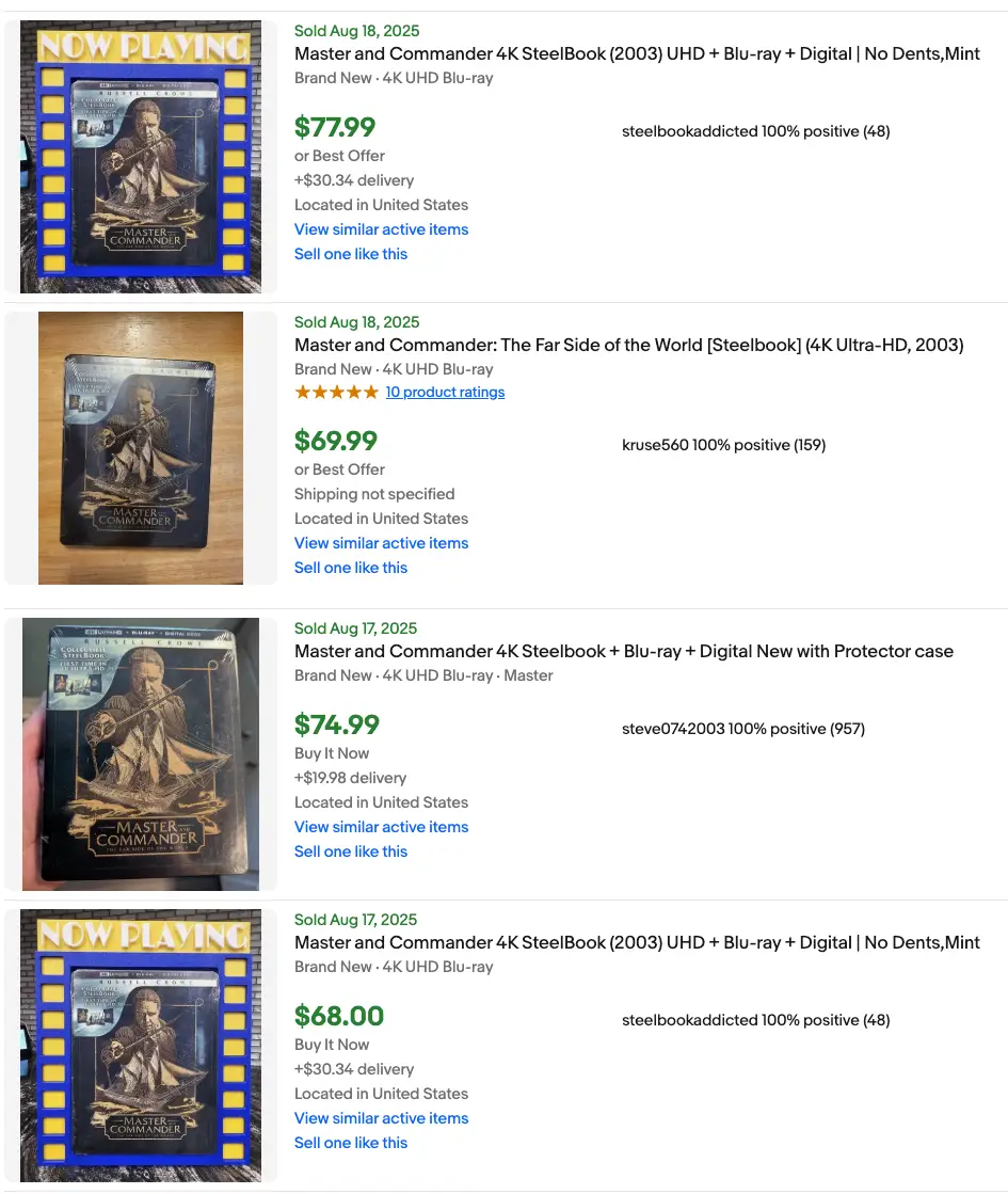 Sold listings reveal that people are paying around double the RRP to buy Master and Commander second hand (eBay)