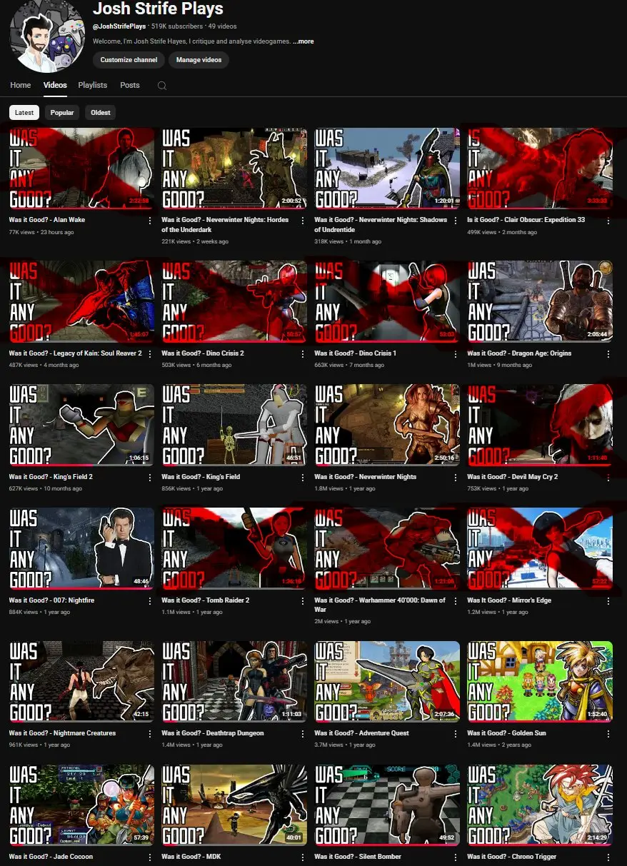 Hayes crossed out the videos that were no longer visible when YouTube's Restricted Mode was enabled. (@JoshStrifeHayes/X)