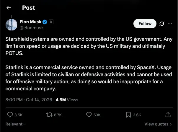 Musk has attempted to distance himself from the matter, but reports have indicated that he suggested limiting Starlink speeds to Trump (X/elonmusk)