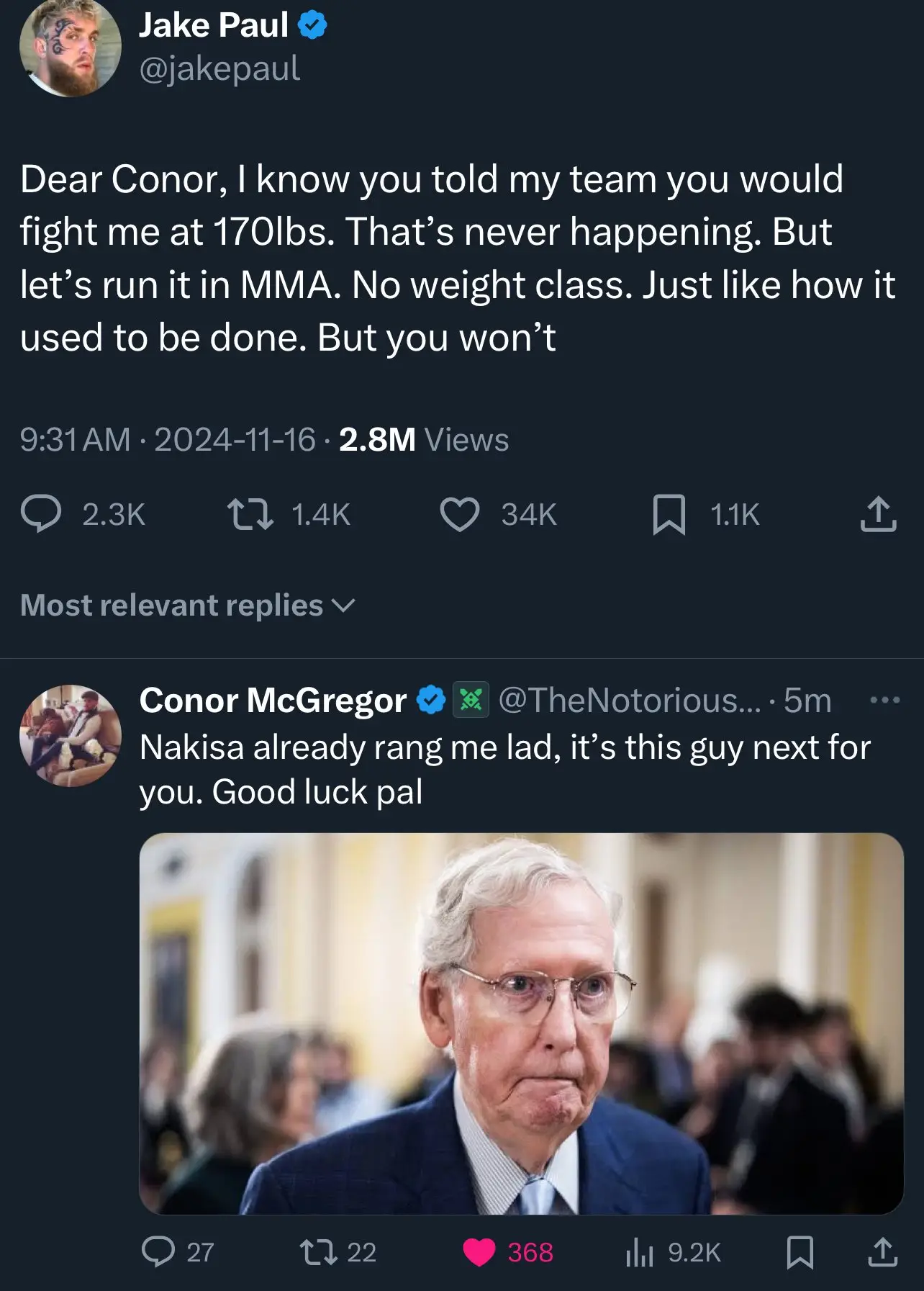 Surely even Jake Paul wouldn't stoop this low (Twitter/jakepaul/TheNotoriousMMA)