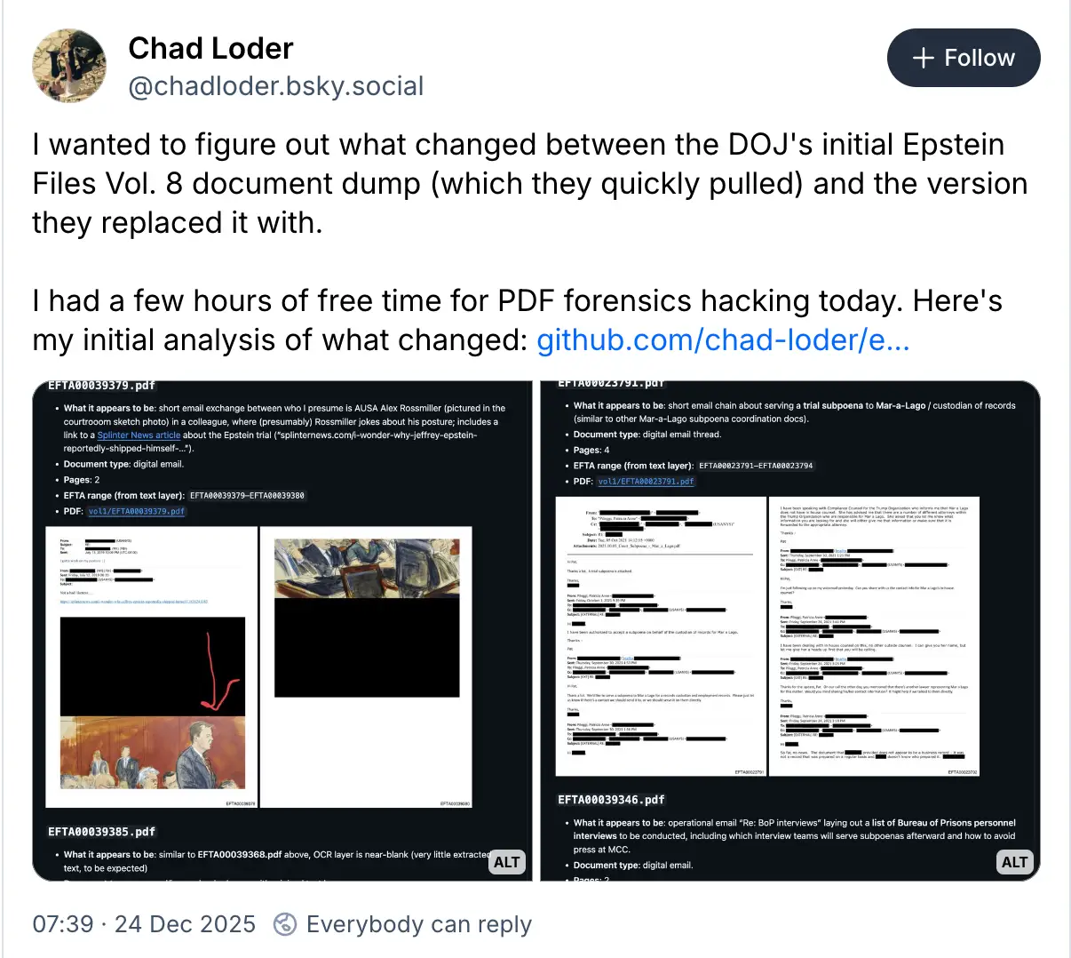 The long-awaited release of the files came heavily redacted (Bluesky)