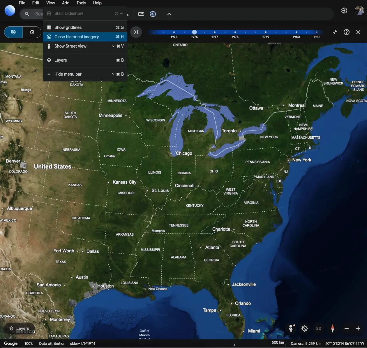 You can look back at past satellite images using Google Earth's 'Show historical imagery' feature (Google)
