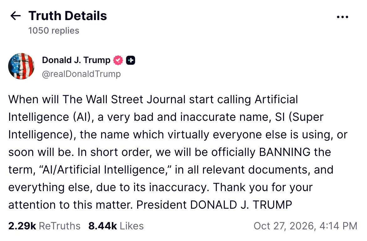 President Trump vows to rebrand AI as 'SI' (