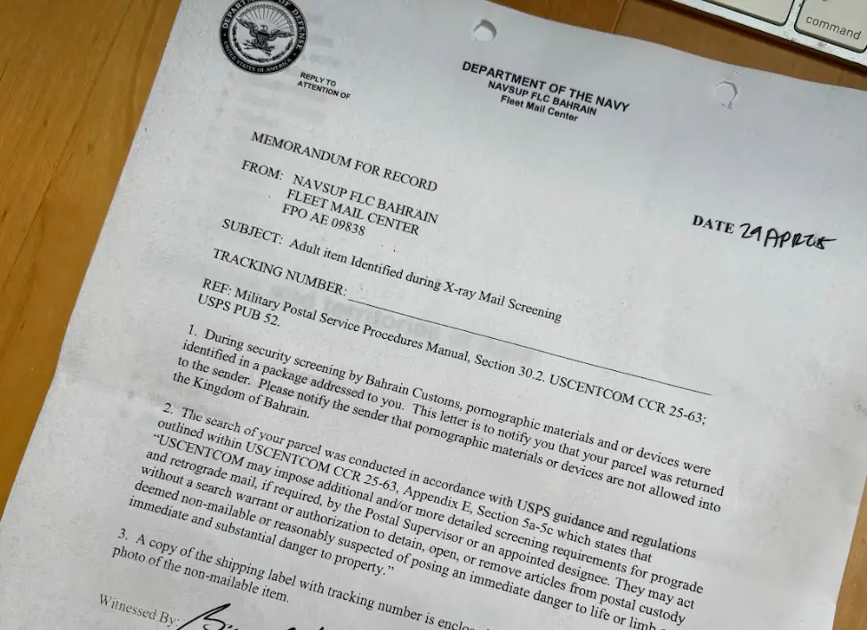 The letter details that such items are illegal in Bahrain, and orders the shop to 'stop sending butt plugs' (Grace Bennett)