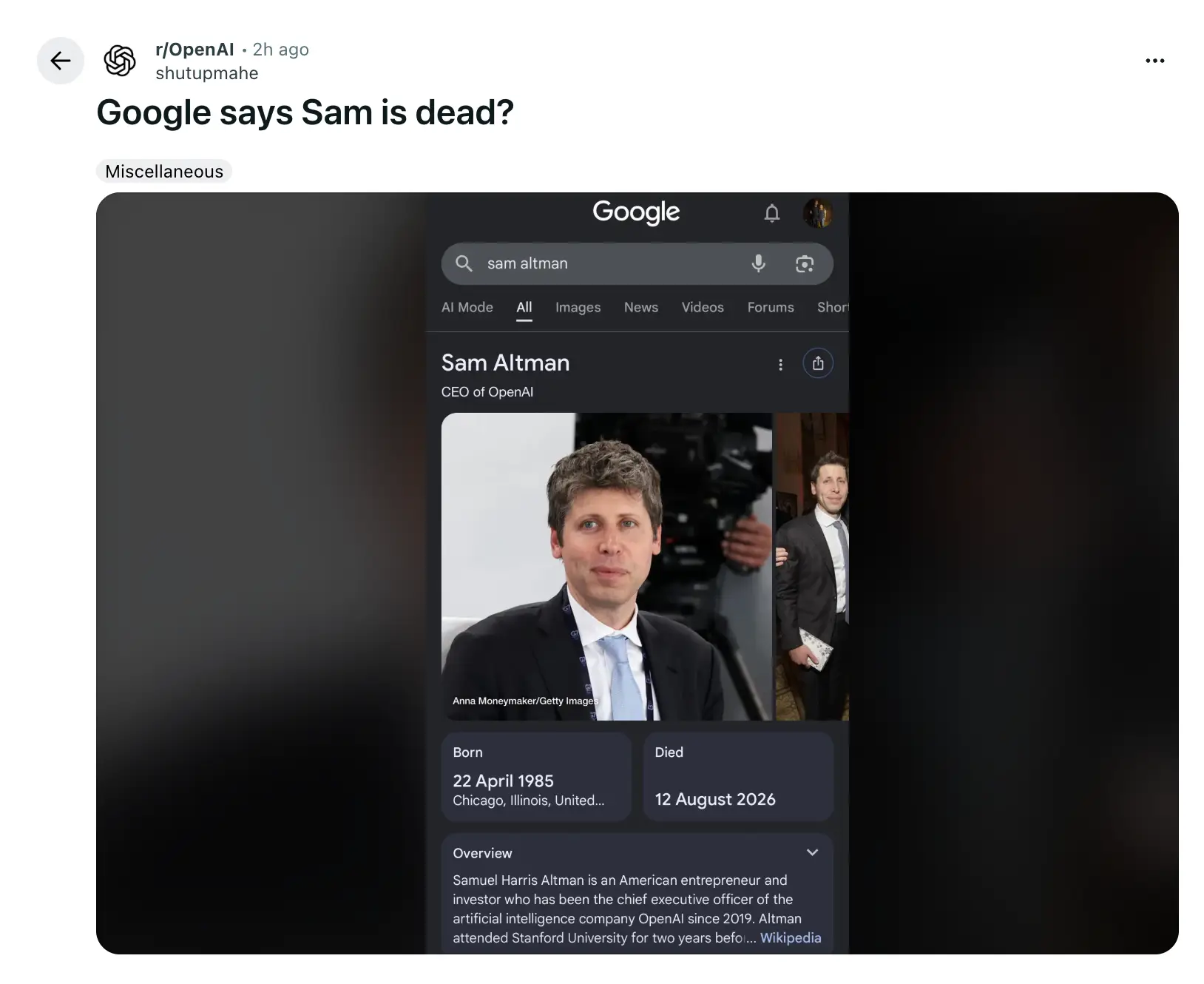 Reddit users noticed the OpenAI billionaire's Wikipedia page claimed he was deceased (Reddit)
