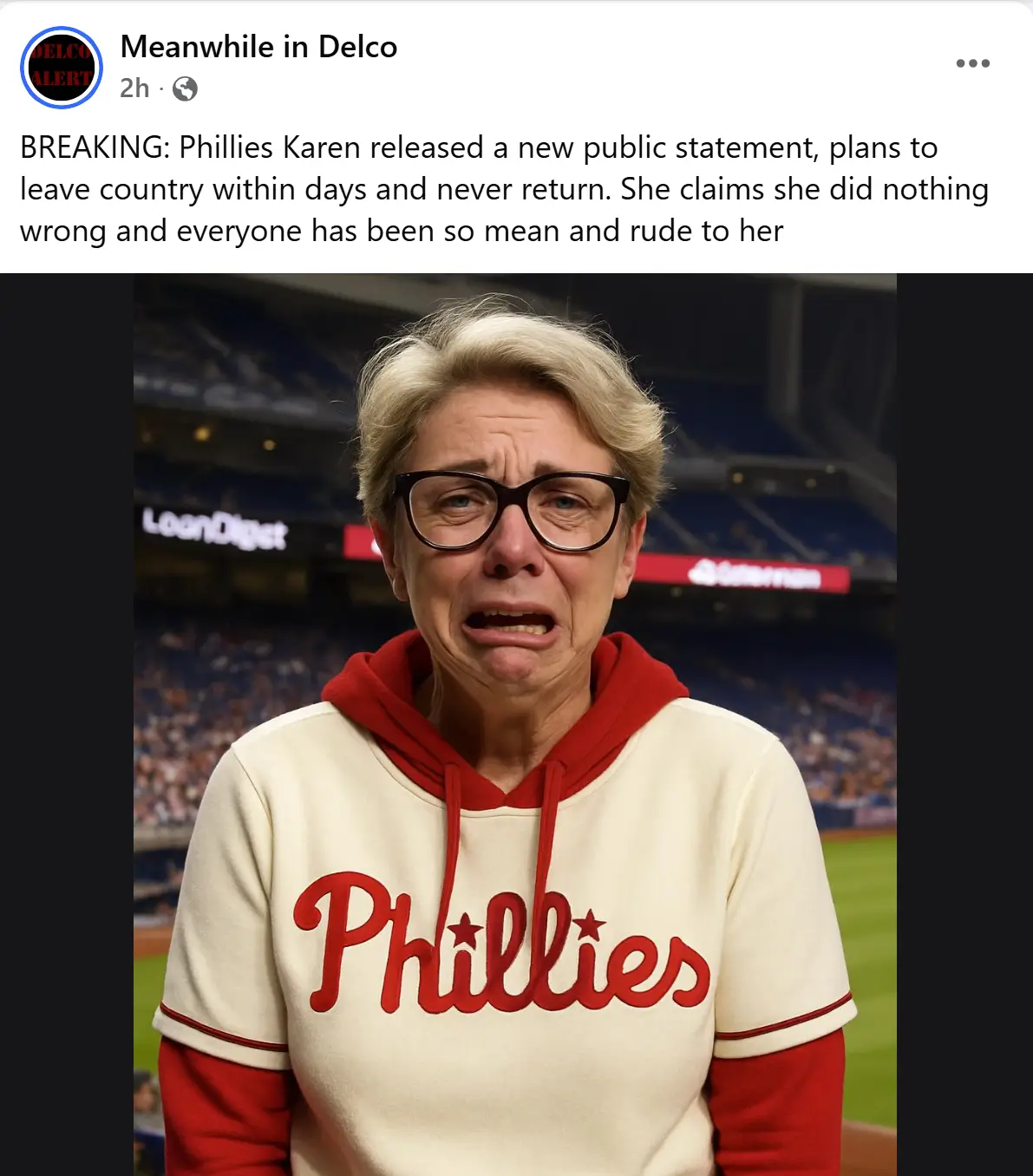 AI-generated images of Phillies Karen's 'apology statement' have been circulating Facebook. (Meanwhile in Delco/Facebook)