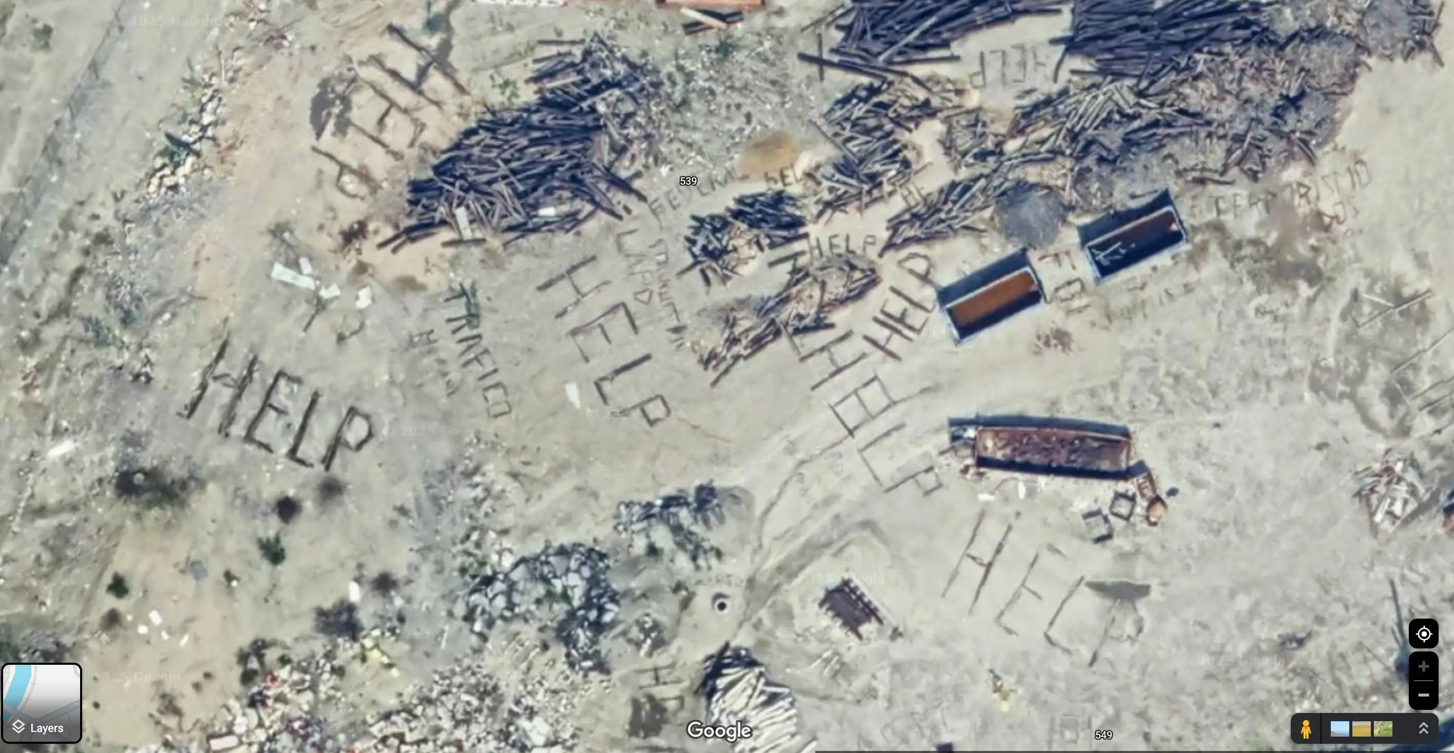 Messages asking for 'help' can be seen from above (Google Maps)