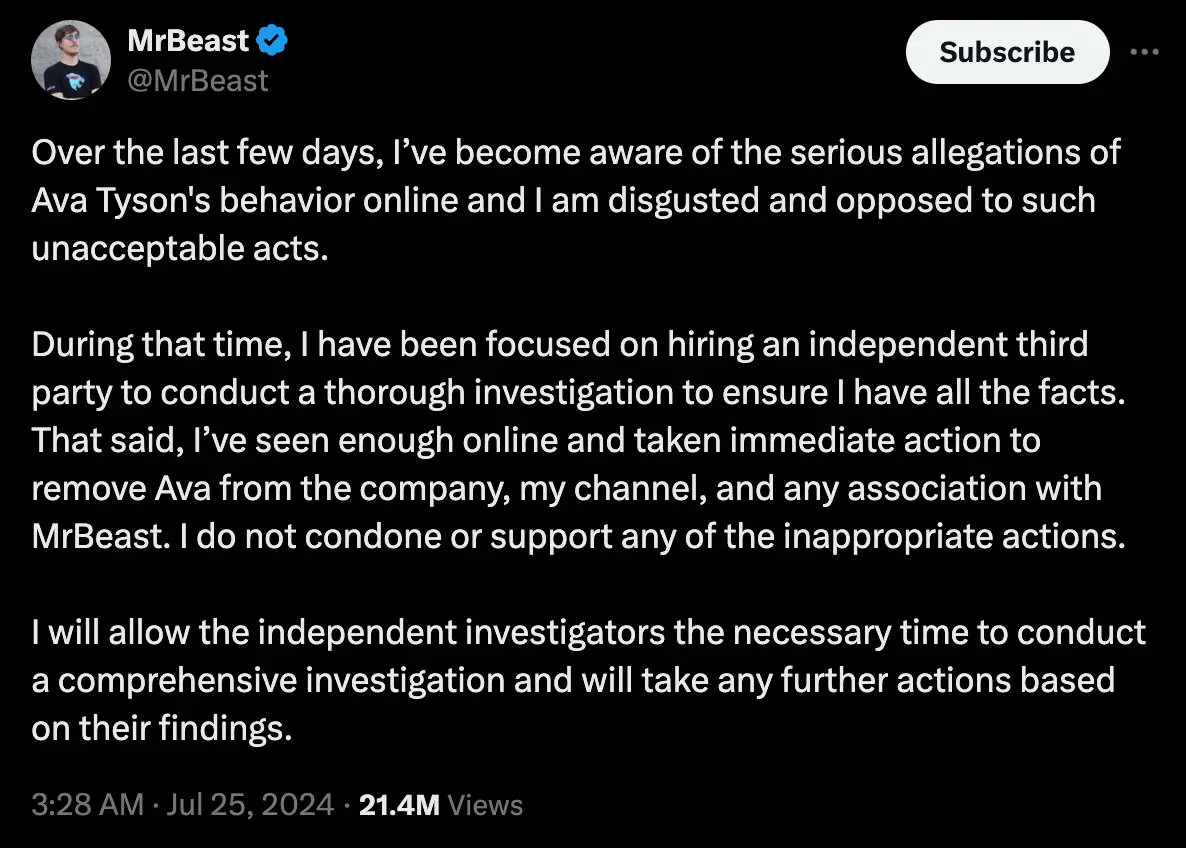 MrBeast has addressed the allegations (X/@mrbeast)