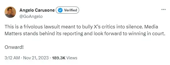 Media Matters' president Angelo Carusone said it stands by its reporting. Caption: X