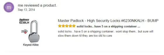 The various Amazon reviews for products like knives and padlocks describe stabbing people and locking them up (Amazon)