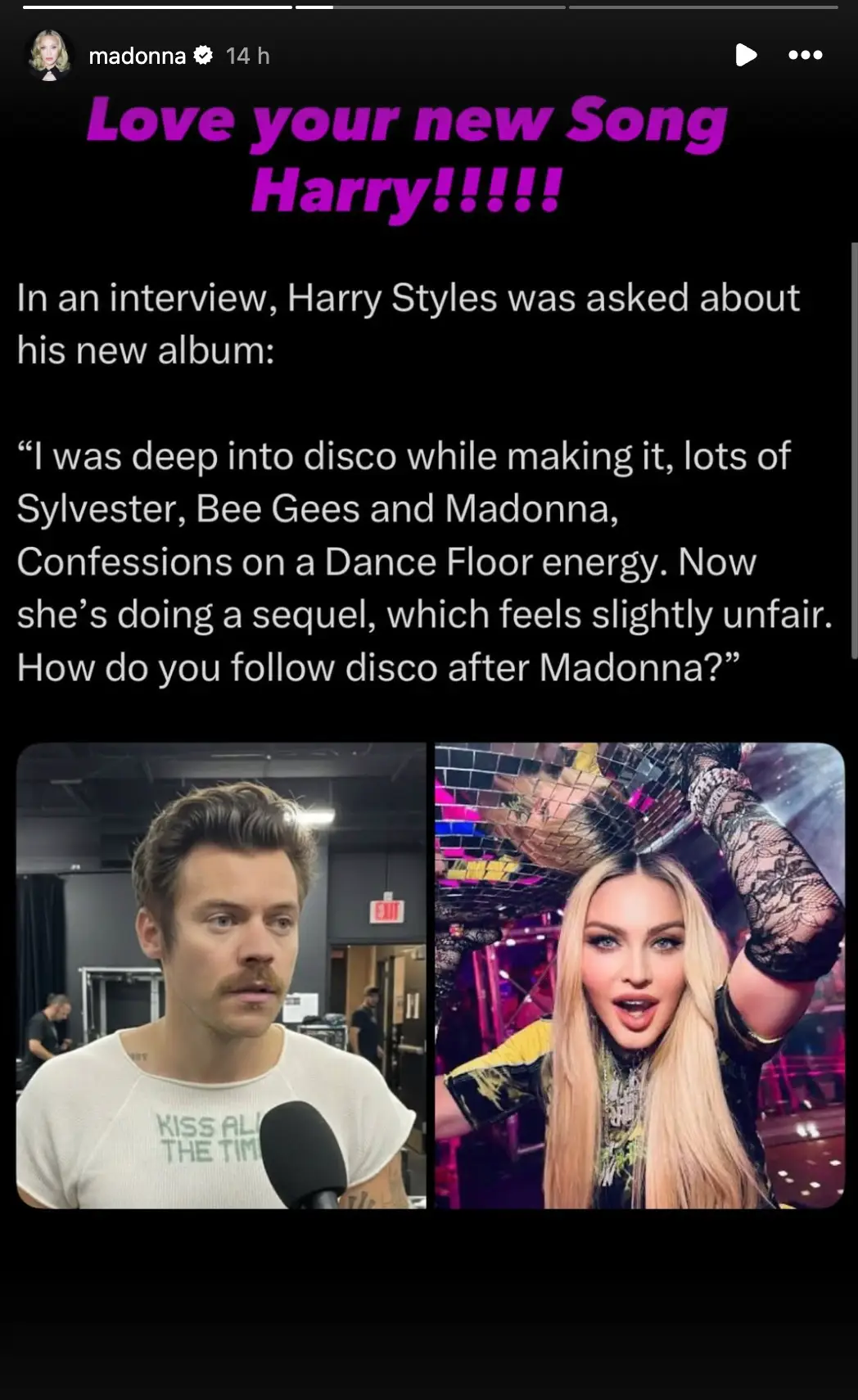 Madonna fell for an AI interview claiming to be of Harry Styles (Instagram/@madonna)