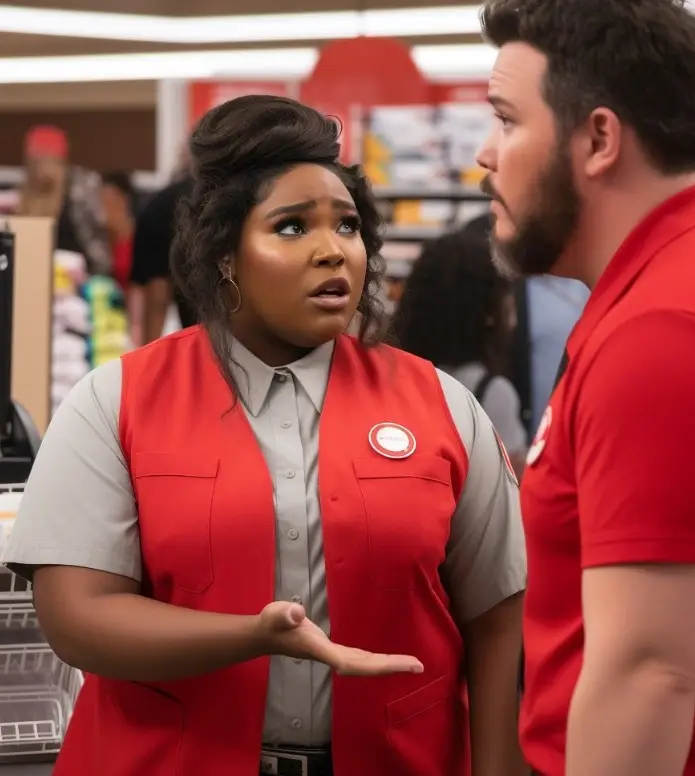 Lizzo looks like she's got a lot on her plate as a retail manager.