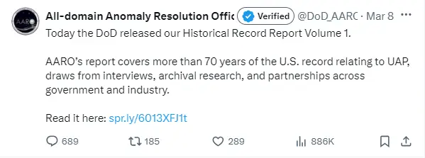 The All-domain Anomaly Resolution Office released the report.