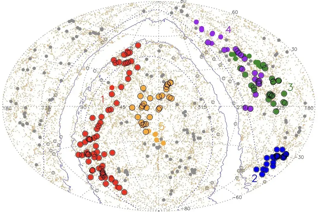 The five newly discovered superstructures: Quipu (red), Shapley (blue), Serpens-Corona Borealis (green), Hercules (purple) and Sculptor-Pegasus (beige) / Boehringer et al. / arXiv