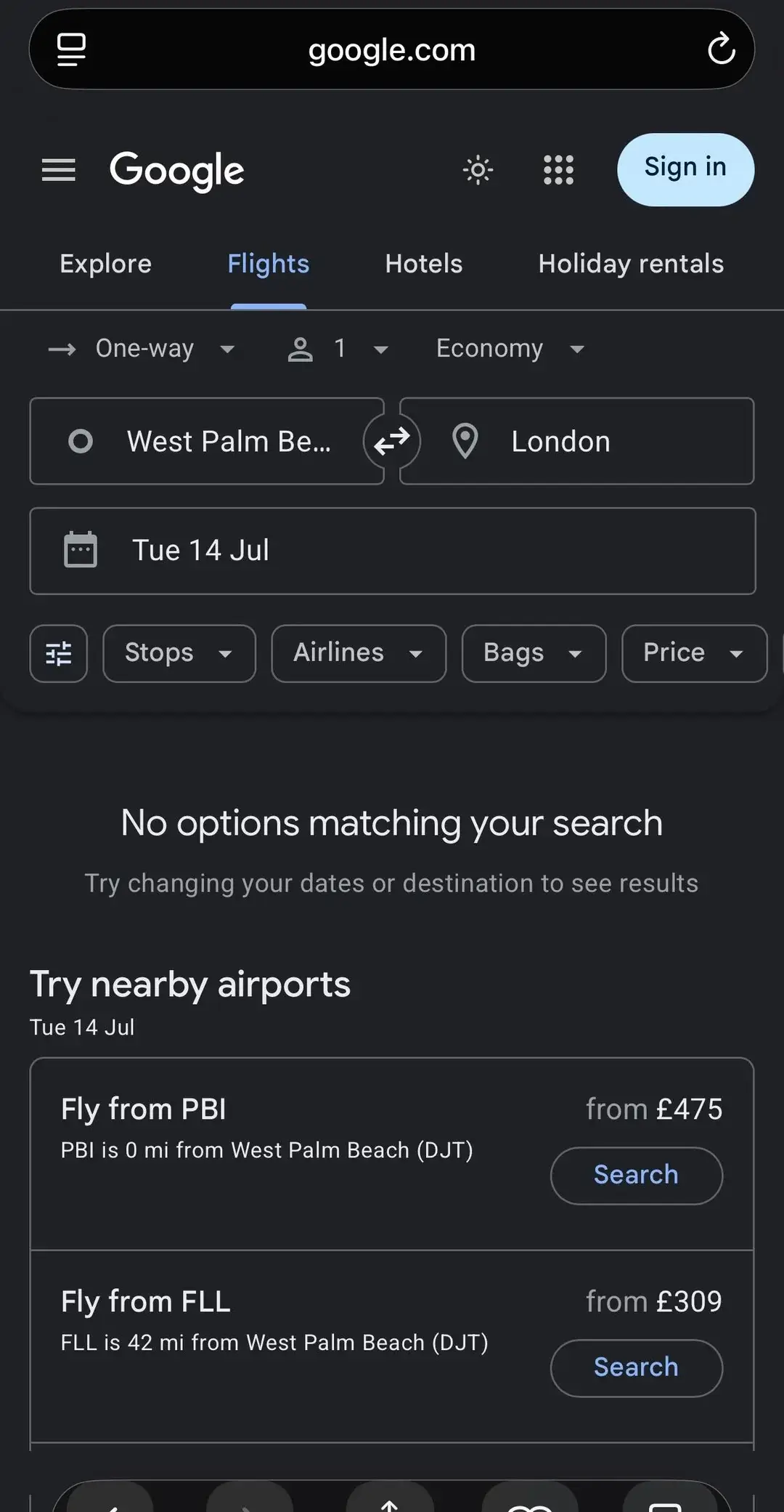 Google Flights wasn't officially recognising the name change for Palm Beach International Airport (Reddit/anon82739192)