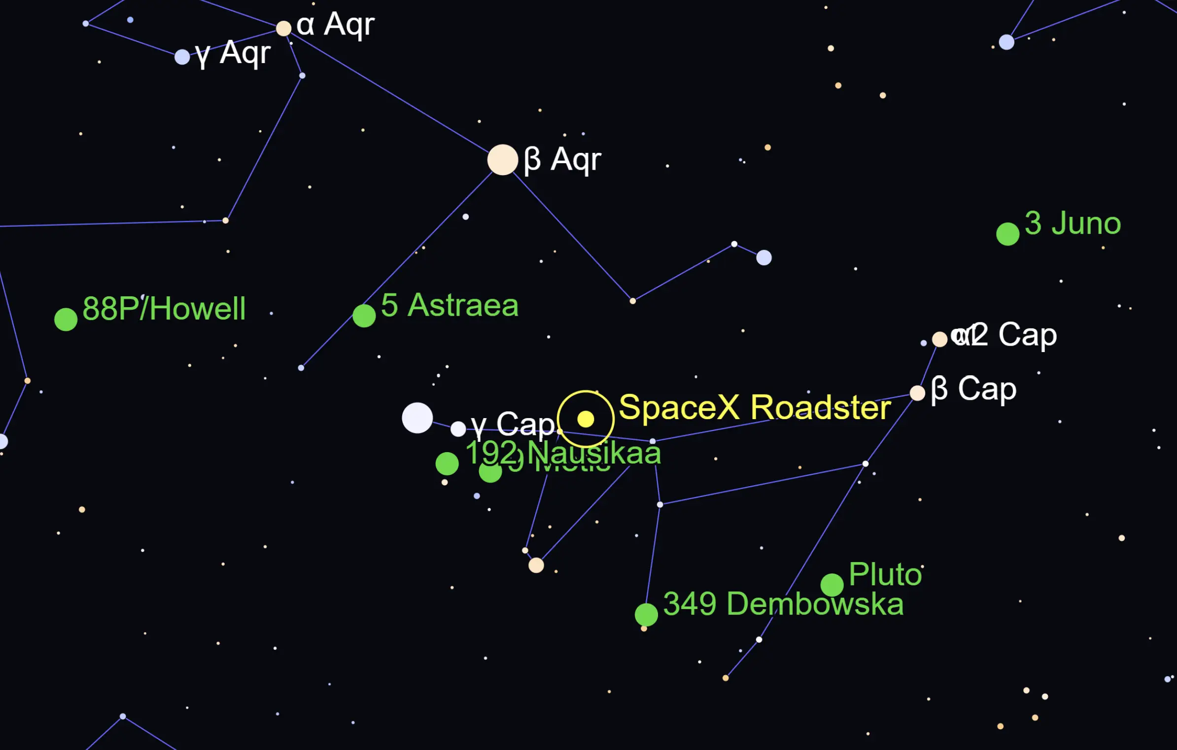 The SpaceX Roadster is in the Capricornus constellation (The Sky Live)