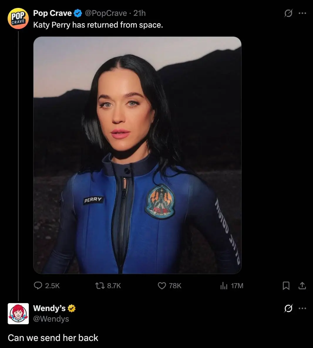 Wendy's went after Perry when she returned from space (X / Wendy's)
