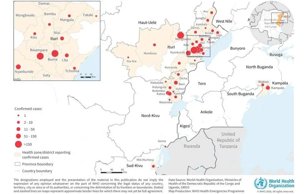 The situation has escalated since the WHO shared a map of the outbreak on June 18 (WHO)