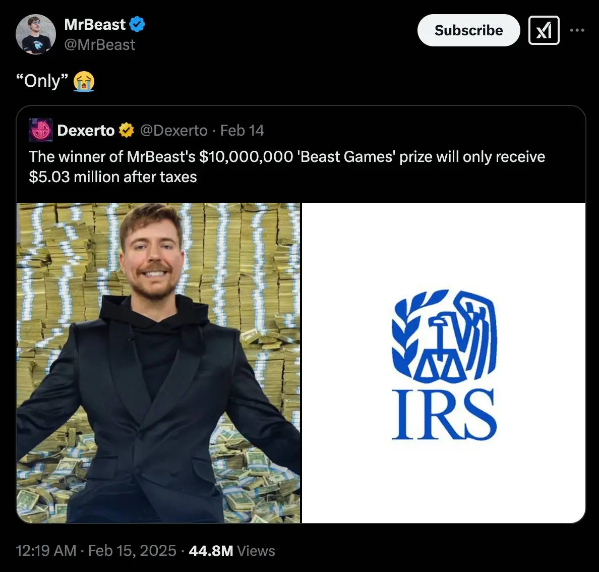 MrBeast has clapped back about Beast Games' prize fund (X / MrBeast)