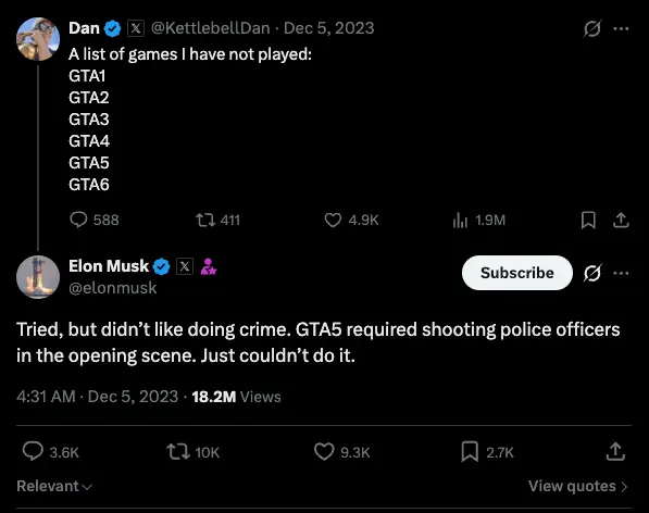 Elon Musk has made his aversion to the Grand Theft Auto series clear, and that likely won't change with GTA 6 (X/elonmusk/KettlebellDan)