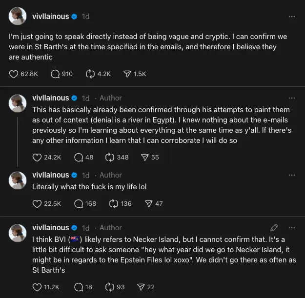 Vivian Wilson, Elon Musk's estranged daughter, has offered clarification over claims made following Epstein files release (Threads/vivllainous)