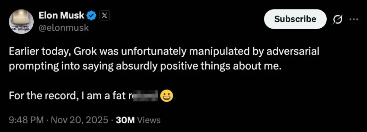 There's confusion about Musk's bizarre Grok post (X)