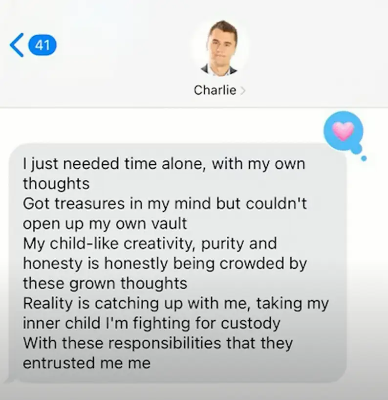Owens included a screenshot of this text from Kirk to herself (Candace Owens / YouTube)