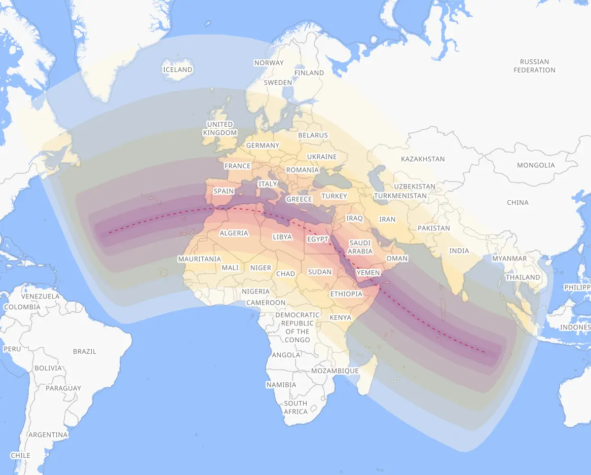 Countries in the red zone have the best chance of viewing the totality in full (Timeanddate)